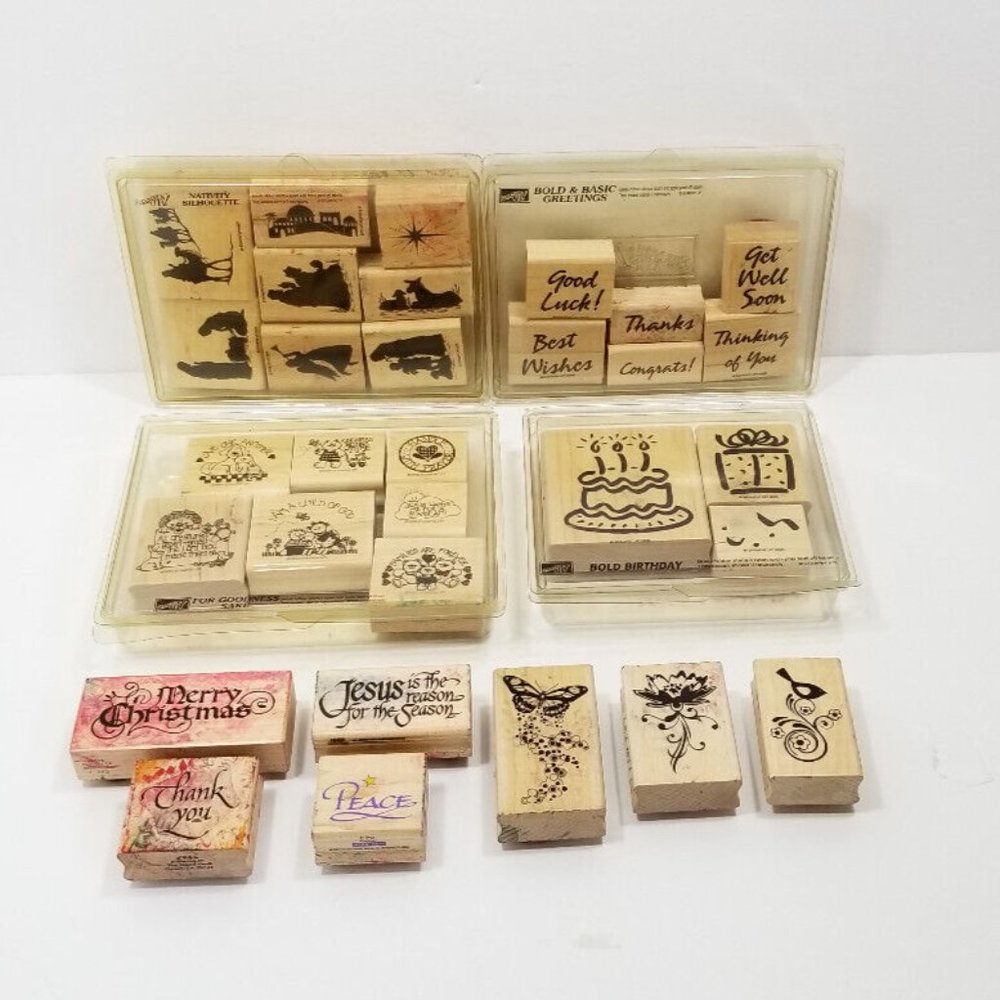Mixed Lot of 31 Wood Mounted Rubber Stamps 5592E1M